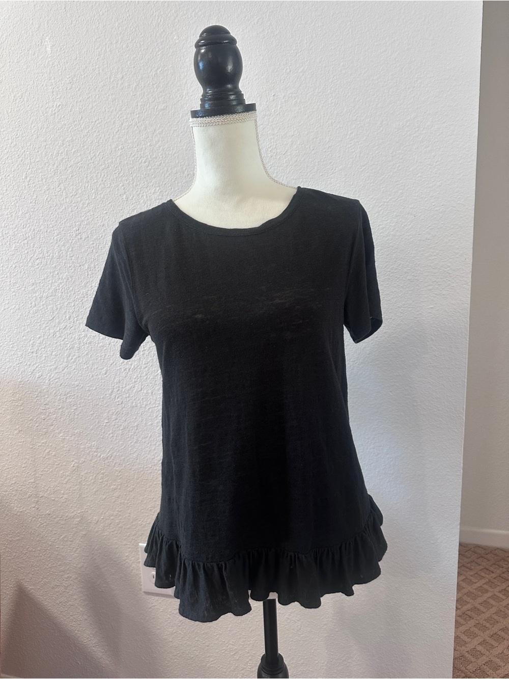 J. Crew Black Short Sleeve Ruffle-Hem Tee